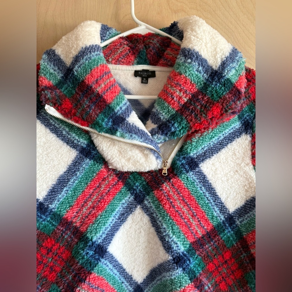 Talbots Ultra Plush Sherpa Fleece Top Zip Blue Green Plaid Women’s Med Petite - Picture 5 of 11